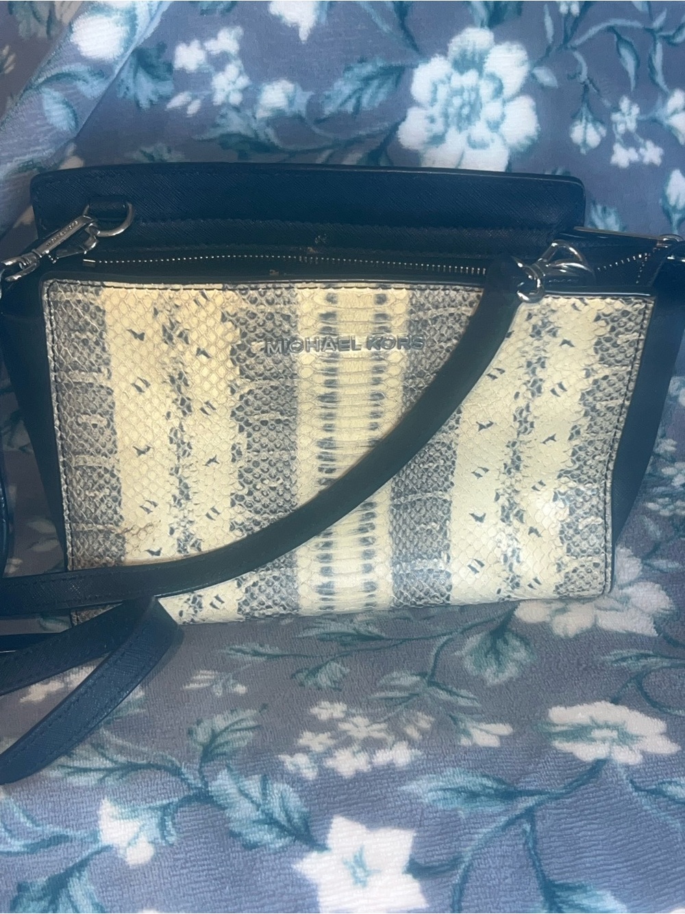 Michael Kors Black and Cream Snake-Print Crossbody Bag